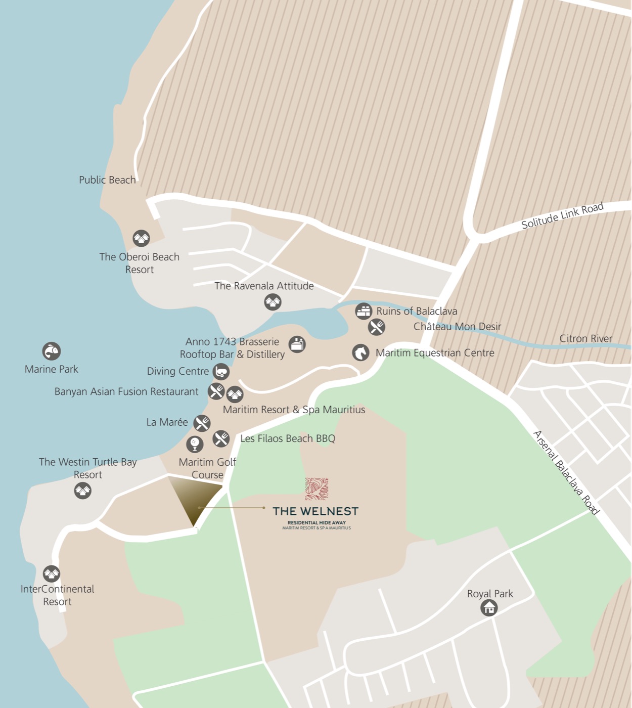 Map of the Balaclava and Turtle Bay area showing The Welnest next to the Maritim Resort & Spa and golf course