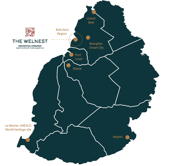 Map of Mauritius showing The Welnest on the north-west coast