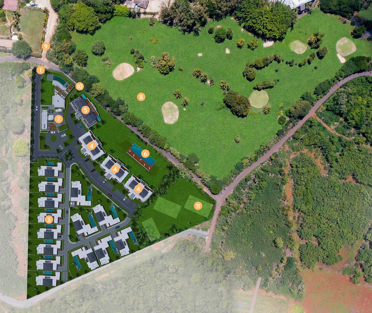 Masterplan of The Welnest showing the entrance, apartment blocks, villas, leisure heart, quiet pool and the link to the Maritim resort and golf course